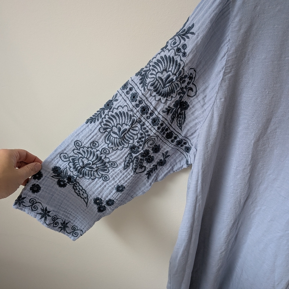 Soft Surroundings Women's Blue Boho Embroidered Split Neck Blouse 3/4 Sleeve 3X - Picture 3 of 7